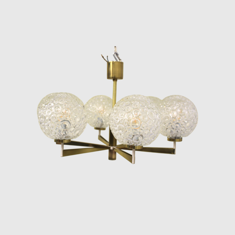 Vintage pendant lamp, 6-arms - brass, pressed glass, 1960s | 00801