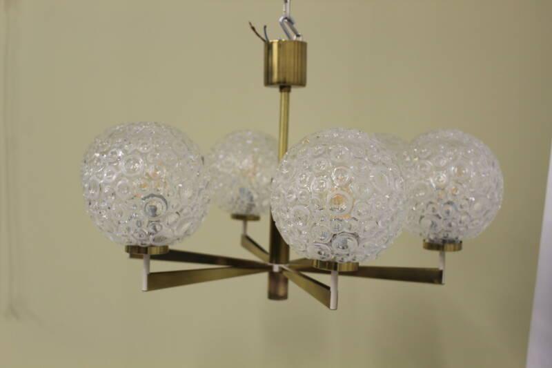 Vintage pendant lamp, 6-arms - brass, pressed glass, 1960s | 00801