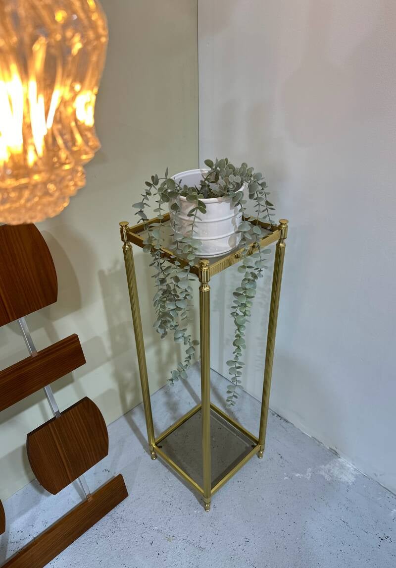Vintage plantenstandaard, plantentafel - messing, rookglas | 00969