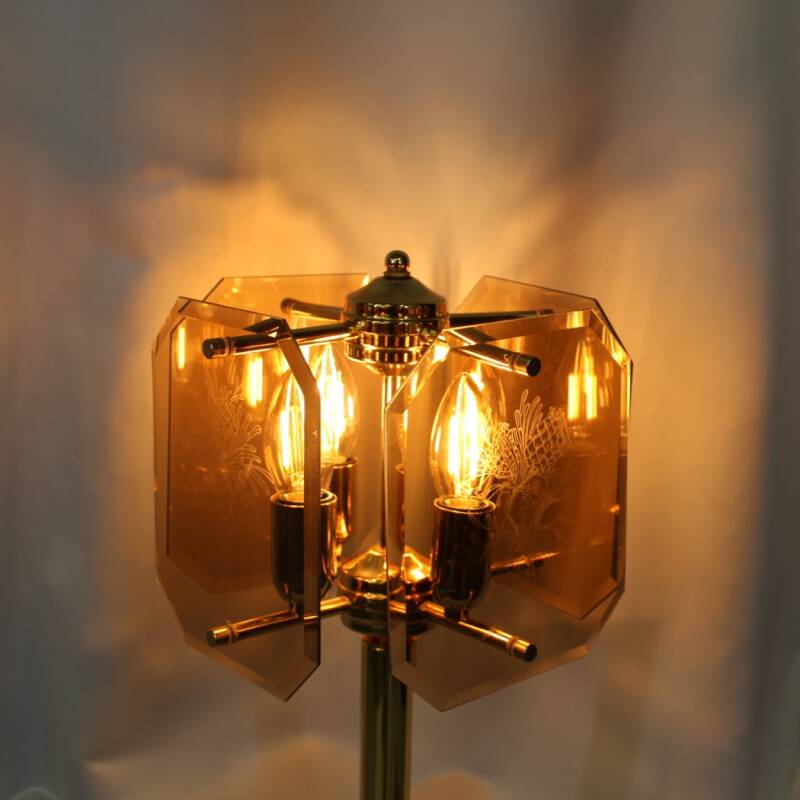 Vintage table lamp, smoked glass & brass