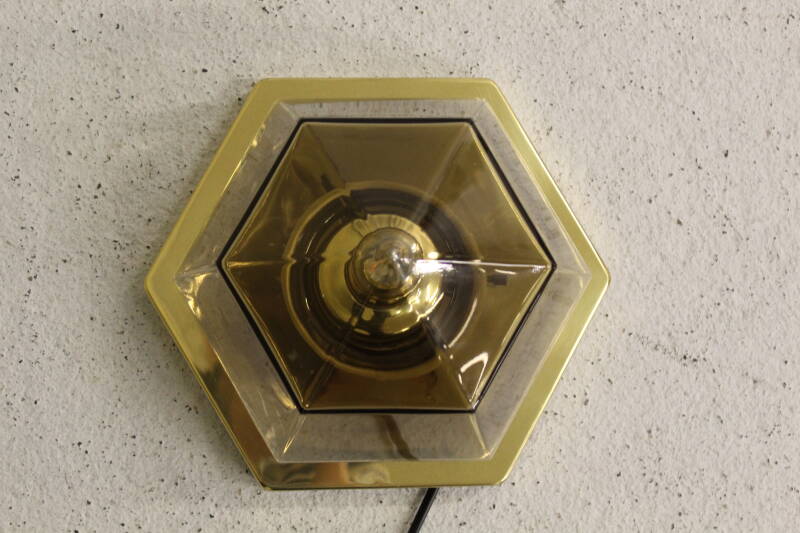Vintage wandlamp, plafondlamp - messing, rookglas