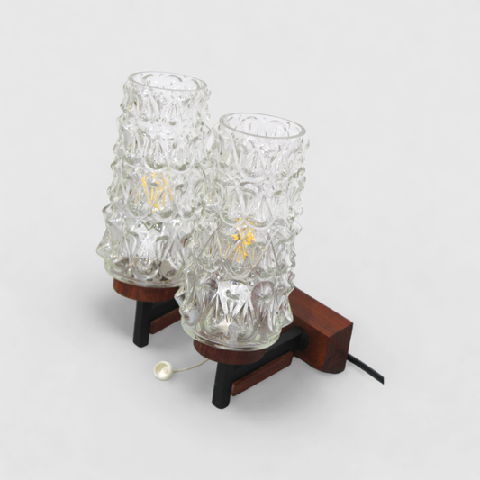 Vintage dubbele wandlamp - hout, glas jaren '60