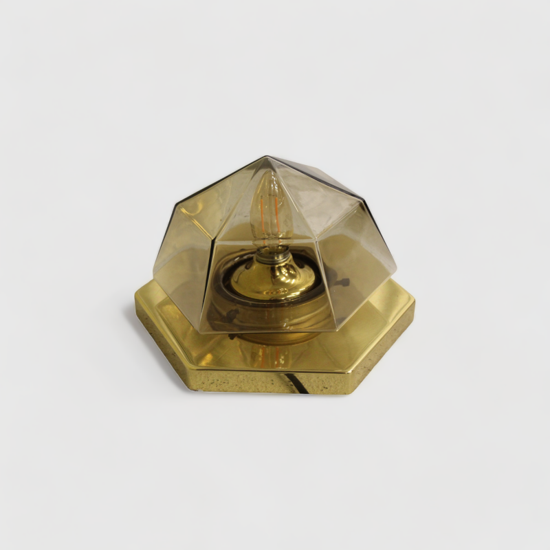 Vintage wandlamp, plafondlamp - messing, rookglas
