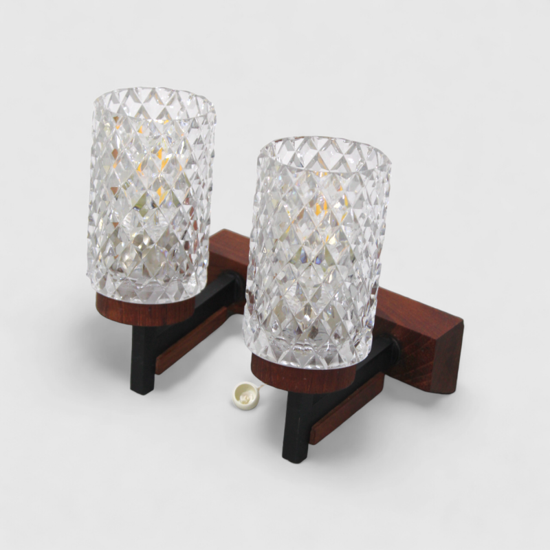 Vintage dubbele wandlamp - hout, glas jaren '60 | 01198