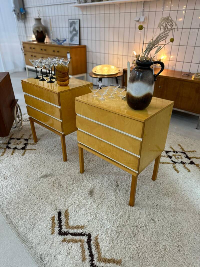 Vintage set of bedside tables, chests of drawers - light wood, mid century | 01042