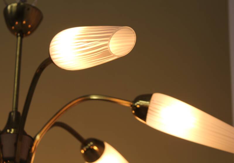 Vintage hanglamp, 6-armig - messing, glas jaren '60/'70 | 00797