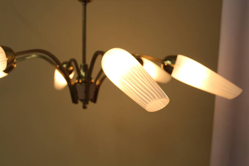 Vintage hanglamp, 6-armig - messing, glas jaren '60/'70 | 00797