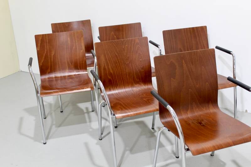 6x Vintage Esszimmerstühle - stapelbar, Chrom, Holz