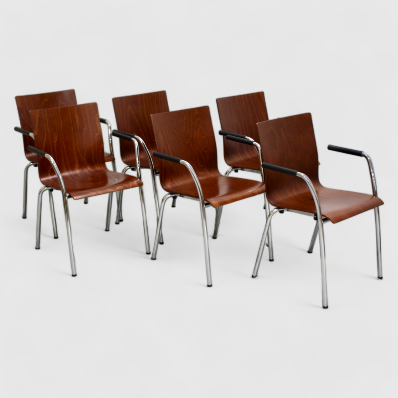 6x Vintage Esszimmerstühle - stapelbar, Chrom, Holz