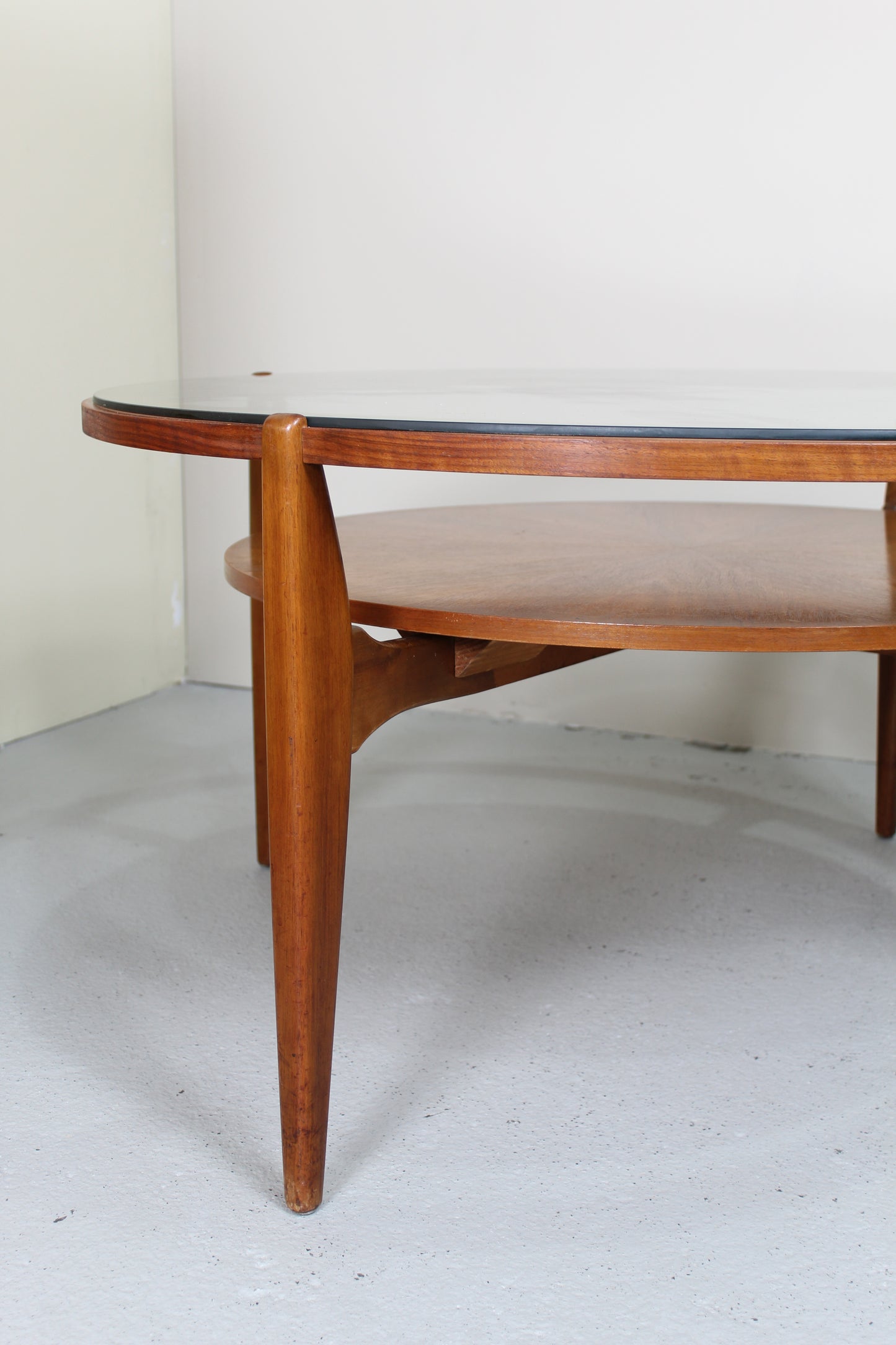 Vintage ronde salontafel - jaren '60, hout glas