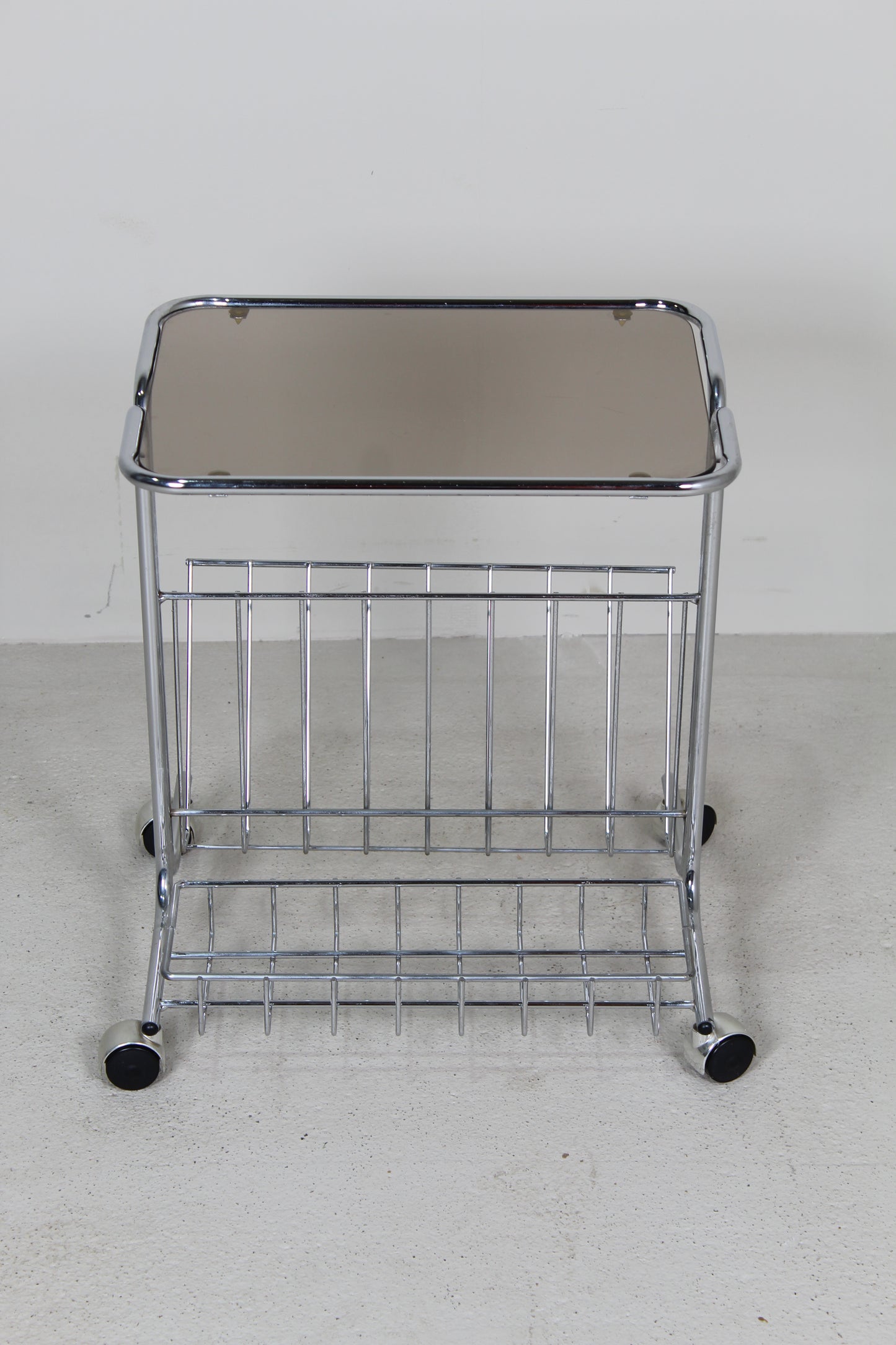 Vintage bijzettafel, trolley, lectuurmand - Jaren '80, chroom