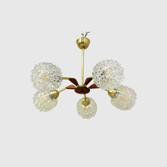 Vintage pendant lamp, 5-arms - brass, crystal, teak wood, 1960s | 00794