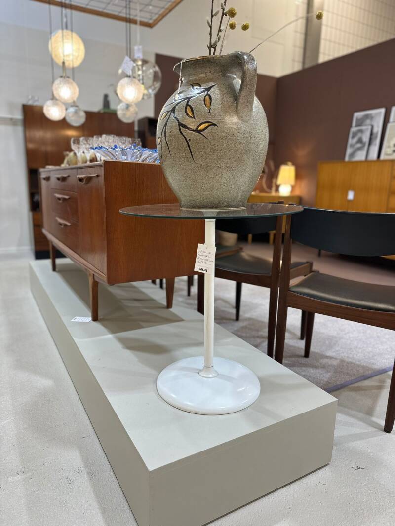 Vintage ronde bijzettafel - wit, glas jaren '70