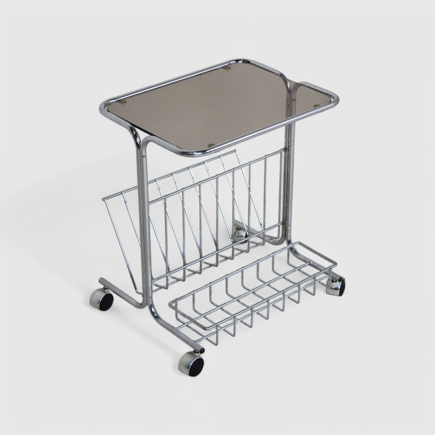 Vintage bijzettafel, trolley, lectuurmand - Jaren '80, chroom