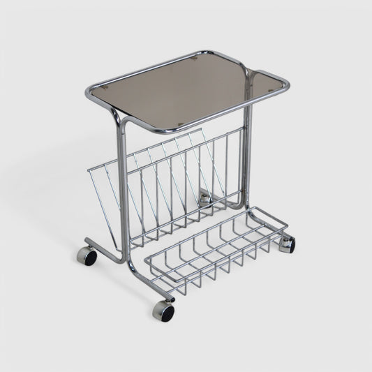 Vintage bijzettafel, trolley, lectuurmand - Jaren '80, chroom