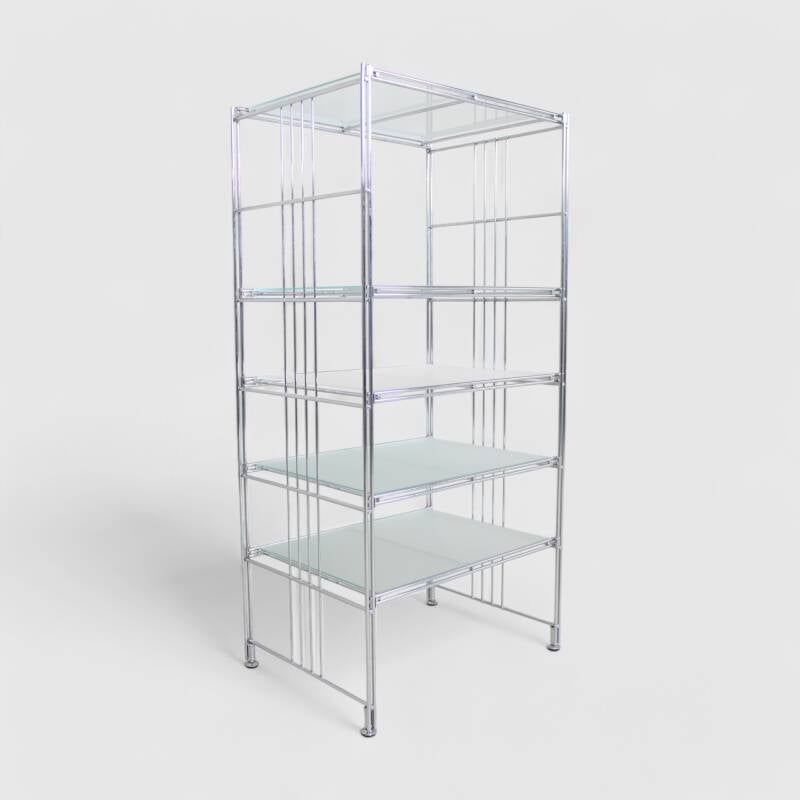 Vintage display cabinet, wall rack, shelving unit - chrome, glass | 01523