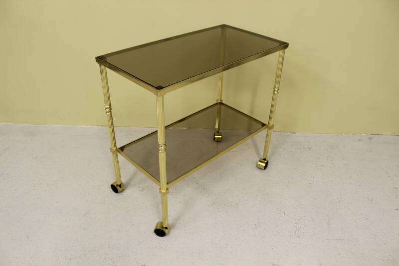 Vintage bar cart, serving trolley - brass, smoked glass, 1970s