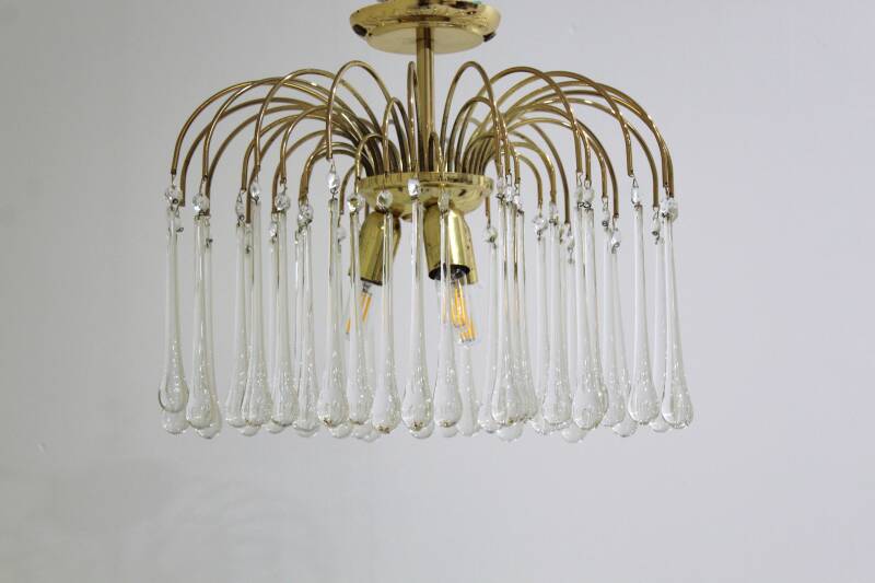 Vintage teardrop plafondlamp - transparant, messing Murano | 01005