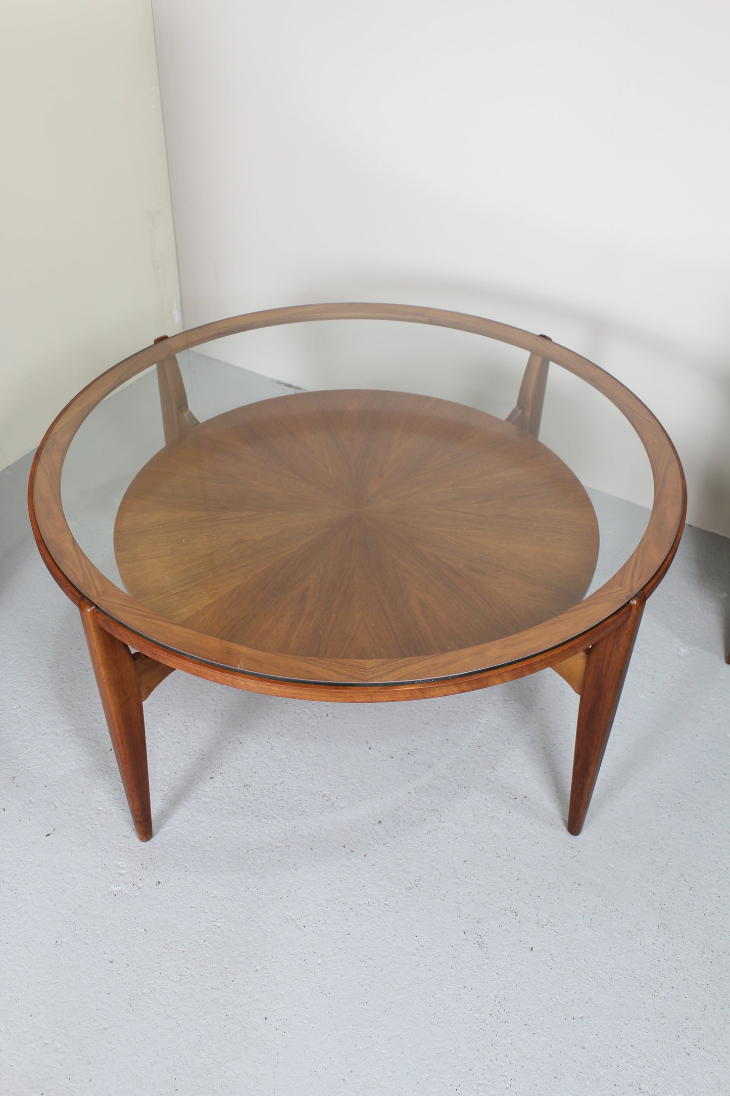 Vintage ronde salontafel - jaren '60, hout glas