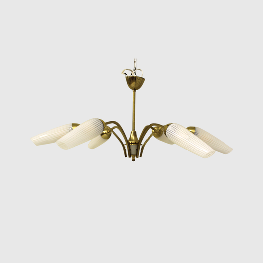 Vintage pendant lamp, 6-arms - brass, glass 60s/70s | 00797