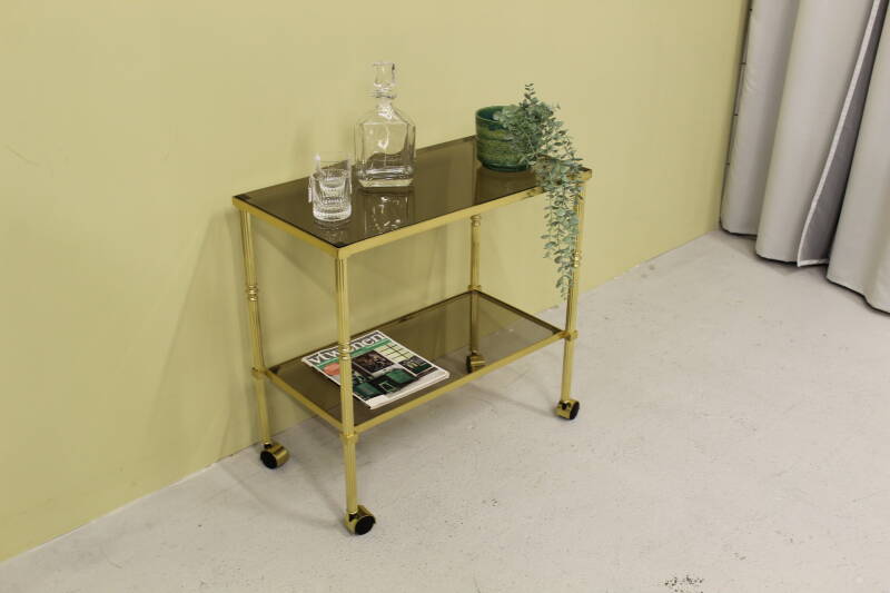 Vintage bar cart, serving trolley - brass, smoked glass, 1970s