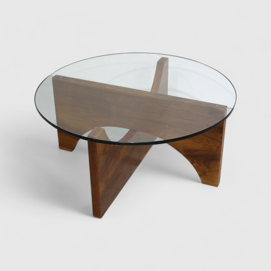 Vintage round coffee table with glass top - wood, glass | 01237