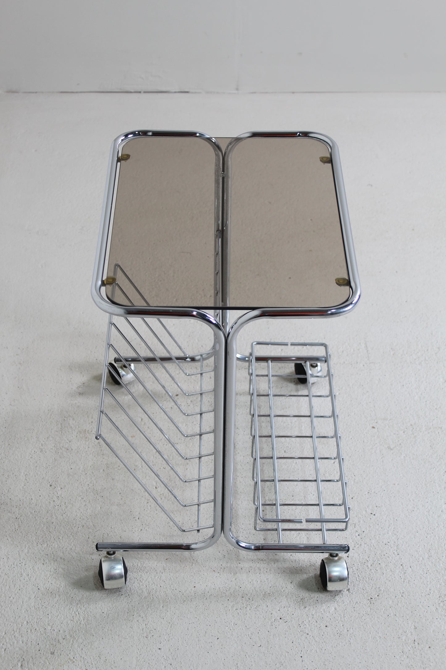 Vintage bijzettafel, trolley, lectuurmand - Jaren '80, chroom