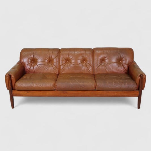 Vintage leren 3-zitsbank- jaren '60, bruin | 01431