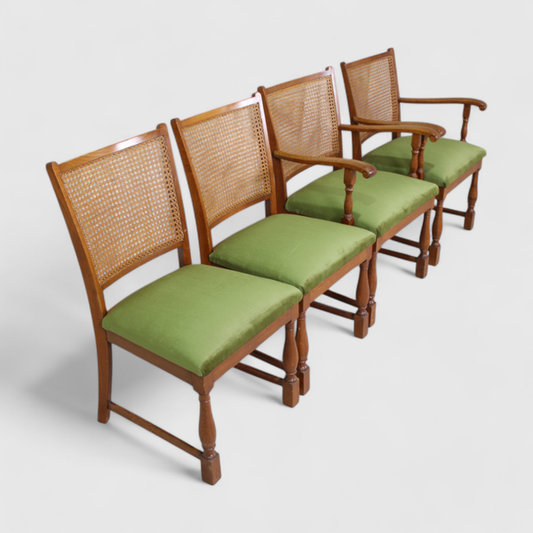 Vintage eetkamerstoelen - Lübke, groen, riet jaren '40/'50 | 01333