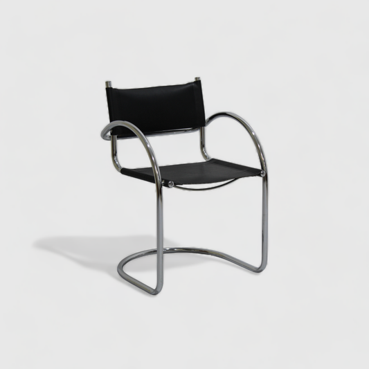 Vintage tubular frame chair - Italian, leather, black | 00937