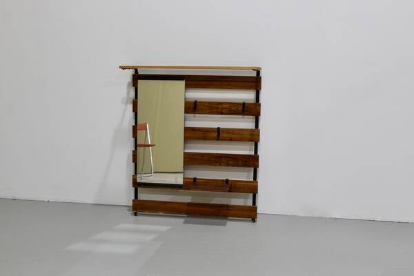 Vintage garderobe, kapstok, spiegel - hout, jaren '60