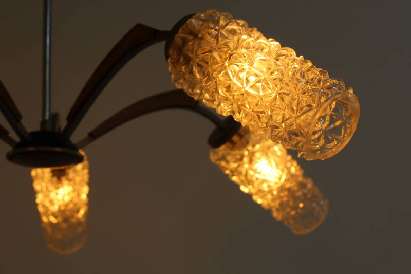 Vintage plafondlamp - 5-armig, teakhout jaren '60 | 00886