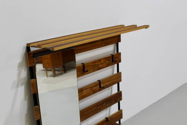 Vintage garderobe, kapstok, spiegel - hout, jaren '60