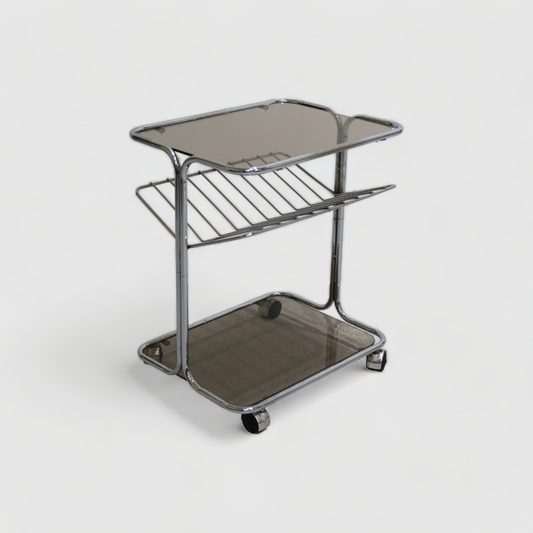 Vintage side table, trolley, magazine basket - 80s, smoked glass | 01187