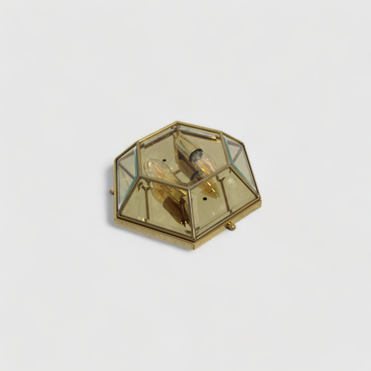 Vintage wandlamp, plafondlamp, plafonnière - messing glas | 00959